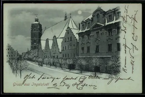 Mondschein-AK Ingolstadt, Kirche, Rathaus, verschneite Strasse