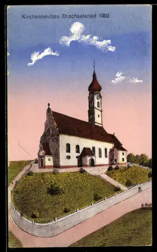 Künstler-AK Drachselsried, Kirchenneubau 1922