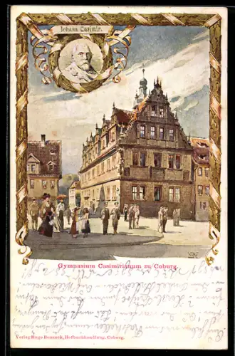 Lithographie Coburg, Schüler vor dem Gymnasium Casimirianum, Porträt Johann Casimir
