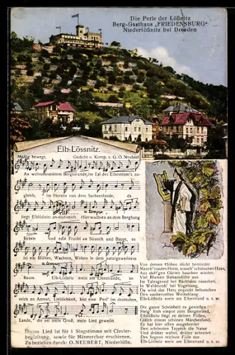 AK Niederlössnitz, Berg-Gasthaus Friedensburg, Lied Elb-Lössnitz