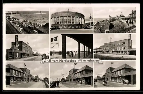 AK Wilhelmshaven, Strand und Gebäude mit n, Rundbau, Promenade