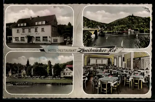 AK Hagen, Hotel-Restaurant Zweibrücker Hof, Innenansicht, Garten mit Kirche