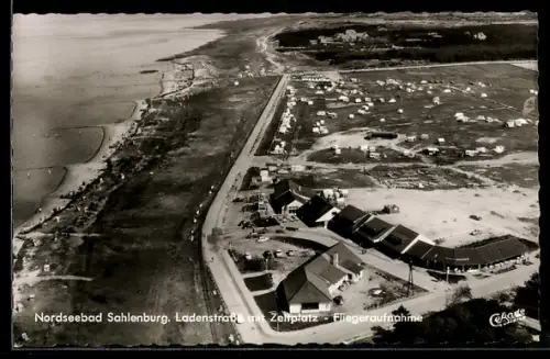 AK Nordseebad Sahlenburg, Ladenstrasse mit Zeltplatz vom Flugzeug aus