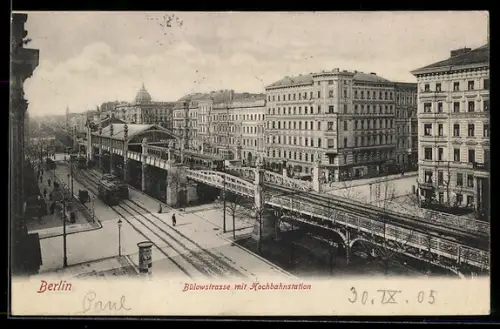 AK Berlin-Schöneberg, Bülostrasse mit Hochbahnstation und Strassenbahn