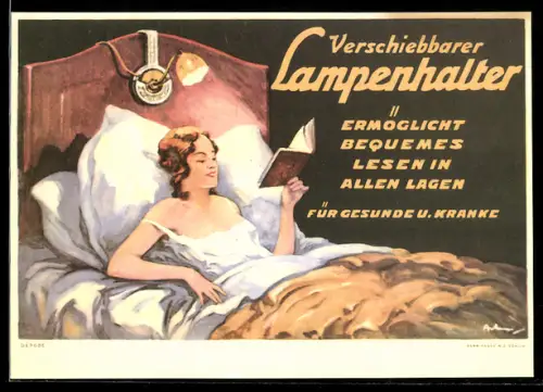 AK Reklame für verschiebbare Lampenhalter im Bett, Frau liest Buch