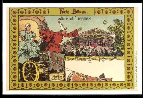 Lithographie Dresden, Freie Bühne, Alte Stadt, Zuschauer vor der Freiluftbühne