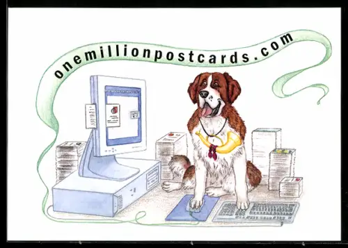 AK Stuttgart, Ansichtskartenbörse onemillionpostcards.com, Messe im Jahr 2000, Hund mit Posthorn am Rechner