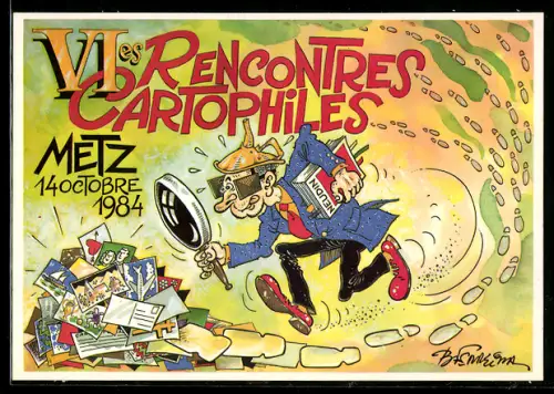 AK Metz, VIes rencontres cartophiles en Octobre 1984, Mann mit Lupe betrachtet Postkarten, Ansichtskartenbörse