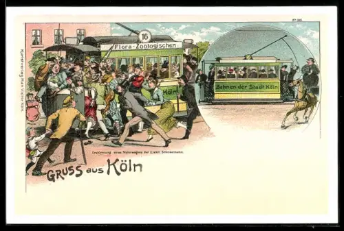 Lithographie Köln, Erstürmung eines Motorwagens der Elektronischen Strassenbahn, Ansichtskartenbörse