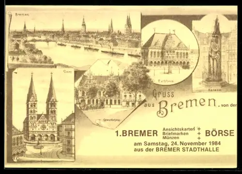 AK Bremen, 1. Bremer Ansichtskartenbörse im November 1984 in der Stadthalle, limitierte Auflage Nr. 43/500
