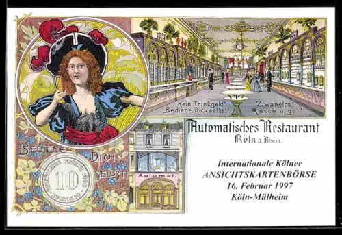 Lithographie Köln a. Rh., Automatisches Restaurant, Innenansicht, Internationale Ansichtskartenbörse im Jahr 1997