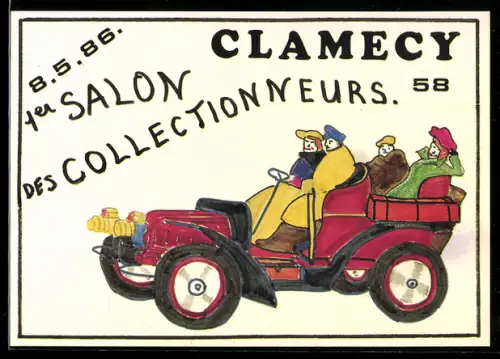 AK Clamecy, 1er Salon des collectionneurs, Menschen im Auto, Ansichtskartenbörse