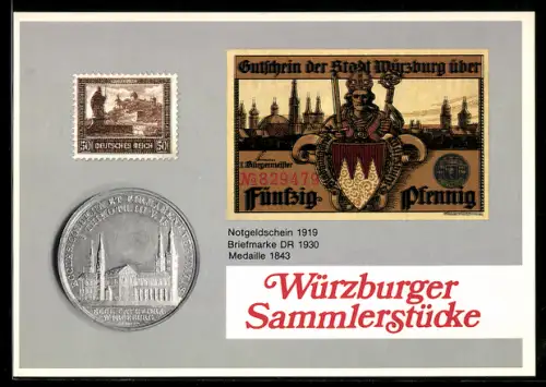 AK Würzburg, 25. Münzen-, Geldscheine- und Ansichtskartenbörse, Notgeld, Briefmarke und Medaille von 1843