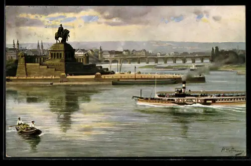 Künstler-AK Heinrich Hoffmann: Koblenz, das deutsche Eck, Kaiser Wilhelms-Denkmal beim Einfluss der Mosel in den Rhein