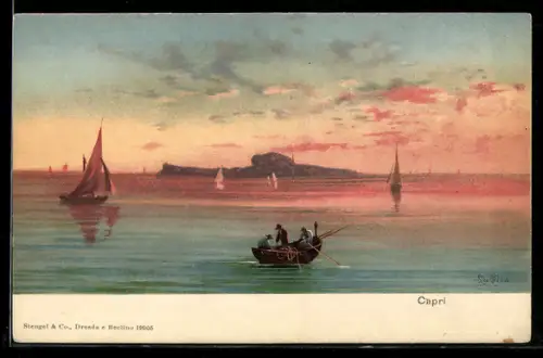 Künstler-AK Capri, Panorama mit Boot