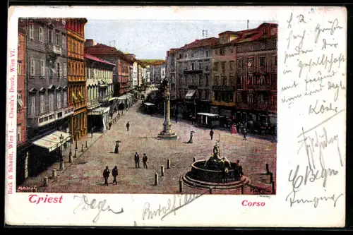 AK Trieste, Corso, Strassenbahn am Brunnen