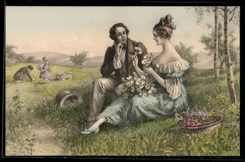 Künstler-AK M. Munk Nr. 722: Pärchen mit Gänseblumen auf der Wiese