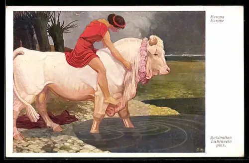 AK Junge Dame reitet auf einem Bullen in den See, Jugendstil