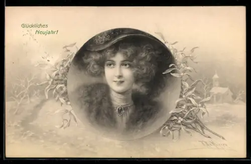Künstler-AK Wichera: Elegantes Damenportrait im Passepartout-Rahmen mit Mistelzweig