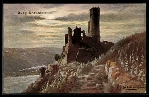 Künstler-AK Burg Ehrenfels bei Nacht
