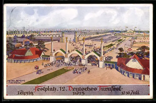 Künstler-AK Leipzig, XII. Deutsches Turnfest 1913, Veranstaltungsgelände aus der Vogelschau