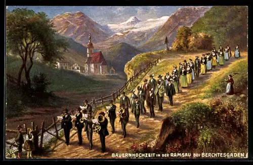 AK Ramsau bei Berchtesgaden, Bauernhochzeit, Kirche, Hochzeitszug