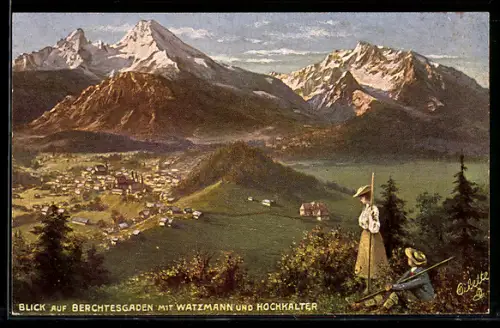 Künstler-AK Berchtesgaden, Blick auf den Ort mit Watzmann und Hochkalter