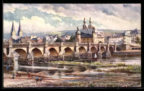 Künstler-AK Charles F. Flower: Coblenz, Moselbrücke gegen Zentrum