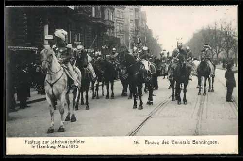AK Hamburg, Festzug zur Jahrhundertfeier März 1913, 16. Einzug des Generals Benningsen, Soldaten zu Pferd, Volksfest