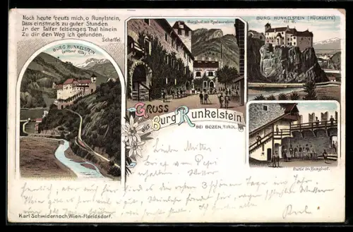 Lithographie Bozen, versch. Ansichten der Burg Runkelstein