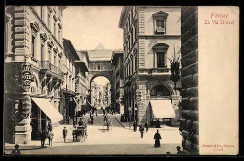AK Firenze, La Via Strozzi mit Kutschen