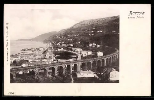 AK Trieste, Barcola, Vista panoramica con viadotto e mare sullo sfondo