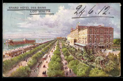 AK Venezia-Lido, Grand Hotel des Bains, Blick auf Promenaden mit Strassenbahn und Blick aufs Meer