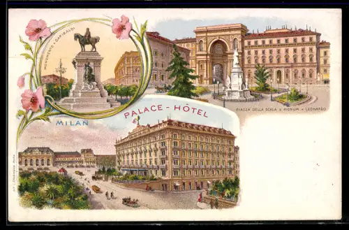 Lithographie Milan, Palace-Hotel, Monumento Garibaldi, Piazza della Scala, Monumento Leonardo