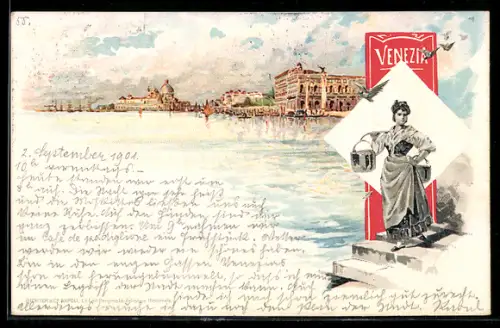 Lithographie Venezia, Panorama, Wasserträgerin