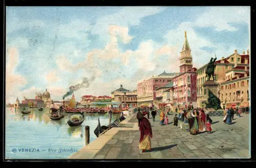 Künstler-AK Venezia, Riva Schiavoni, Leute am Hafen, Denkmal, Boote