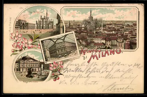 Lithographie Milano, Piazza del Duomo, Piazza della Scala, Galleria Vittorio Emanuele