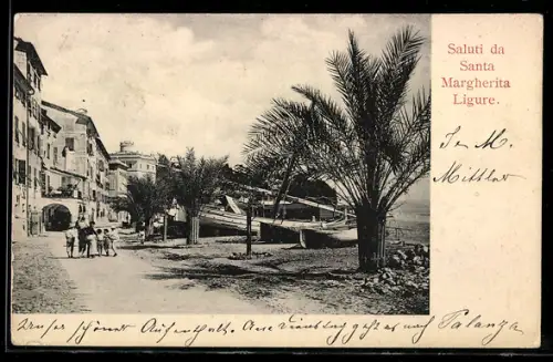 AK Santa Margherita Ligure, Uferweg mit Palmen und Booten