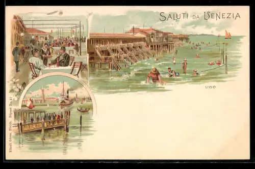 Lithographie Venezia, Restaurant, Menschen beim Baden