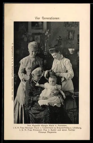 AK Königin Marie v. Hannover mit Herzogin Thyra v. Cumberland und Frau Prinzessin Max v. Baden mit Tochter