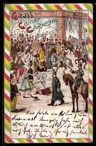 Lithographie Kölner Karneval, belebtes Strassenbild mit Festumzug