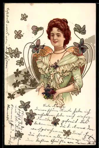 Künstler-AK Junge Frau und Blüten, Jugendstil