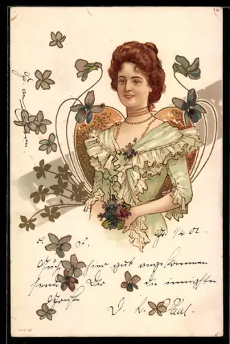 Künstler-AK Junge Frau und Blüten, Jugendstil