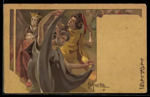 Künstler-Lithographie Adolfo Hohenstein: Oper Iris, Opernsänger in Kostümen