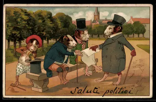 Lithographie vermenschlichte Tiere, Meerschweinchen im Park