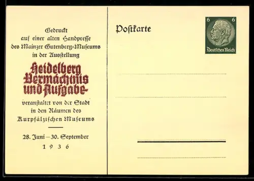 AK Ganzsache PP127 C20/01: Heidelberg /Neckar, Ausstellung Vermächtnis und Aufgabe 1936, Kurpfälzisches Museum
