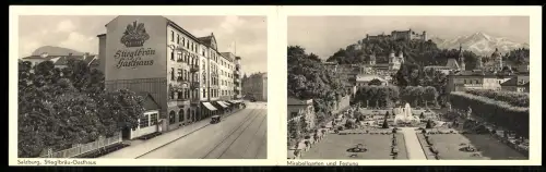 Klapp-AK Salzburg, Stieglbräu-Gasthaus, Rainerstrasse 14, Heinrich Nowak, Mirabellgarten und Festung