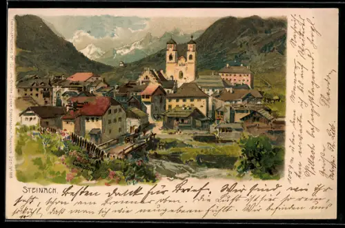 Künstler-AK Edward Theodore Compton: Steinach, Ortsansicht mit Kirche und Bergen