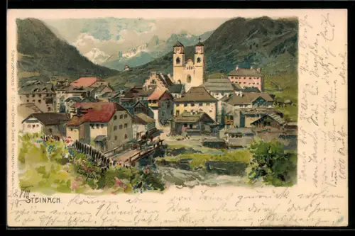 Künstler-AK Edward Theodore Compton: Steinach, Ortsansicht mit Kirche und Bergen