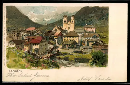 Künstler-AK Edward Theodore Compton: Steinach, Ortsansicht mit Kirche und Bergen